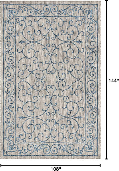 JONATHAN Y Vintage Filigree Indoor Outdoor Area Rug 9X12 Gray/Navy, Charleston Textured Weave for