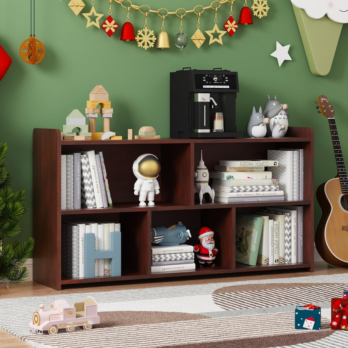 Book Shelf, 5 Cubes Storage Organizer, Open Shelf Wooden Bookcase, Freestanding Cherry Bookshelf