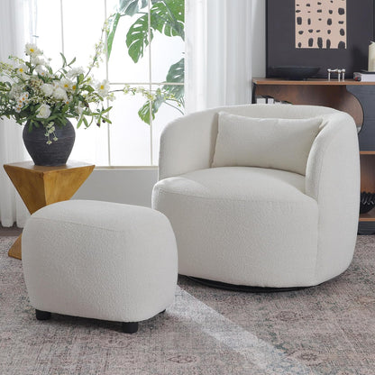 KINWELL 34" Wide 2 Boucle Swivel Barrel Chairs and 2 Ottomans Set, Fully Assembled Sherpa Accent