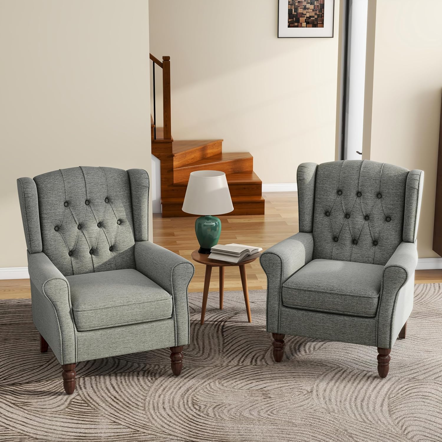 UIXE High Back Accent Chairs Set of 2, Upholstered Armchair in Fabric, Retro Wingback Arm Chair for