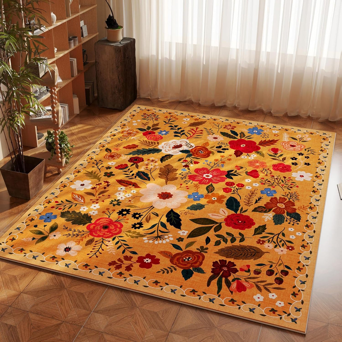 Bedroom Rug 3x5 Rug Washable Area Rug Non Slip Low Pile Boho Floral Small Carpet for Bedroom