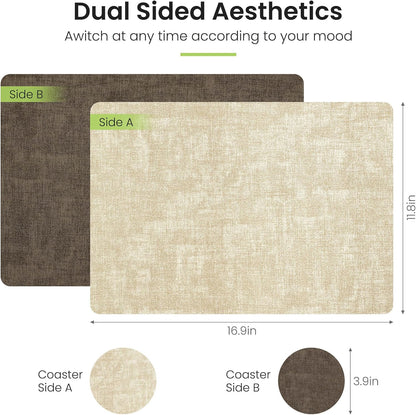 Faux Leather Dual Sided Placemats Set of 6, Square Non-Slip Heat Resistant Placemats with Coaster