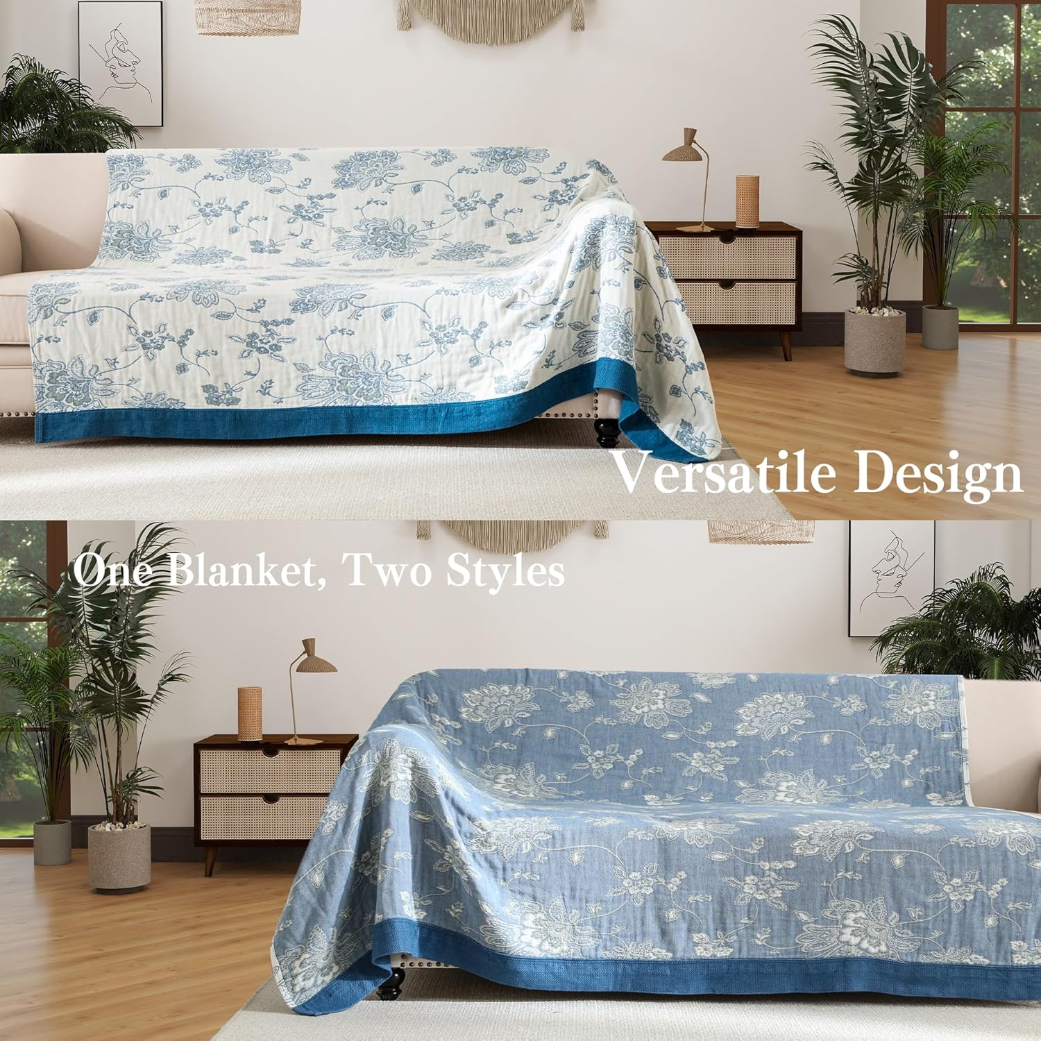 Boho Throw Blanket Full Size, Extra Large Soft Cozy Cotton Muslin Quilt Blanket for Bed Decor