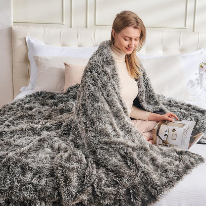 GONAAP Fuzzy Faux Fur Throw Blanket Queen Size Frosty Black Super Soft Cozy Plush Fuzzy Shaggy