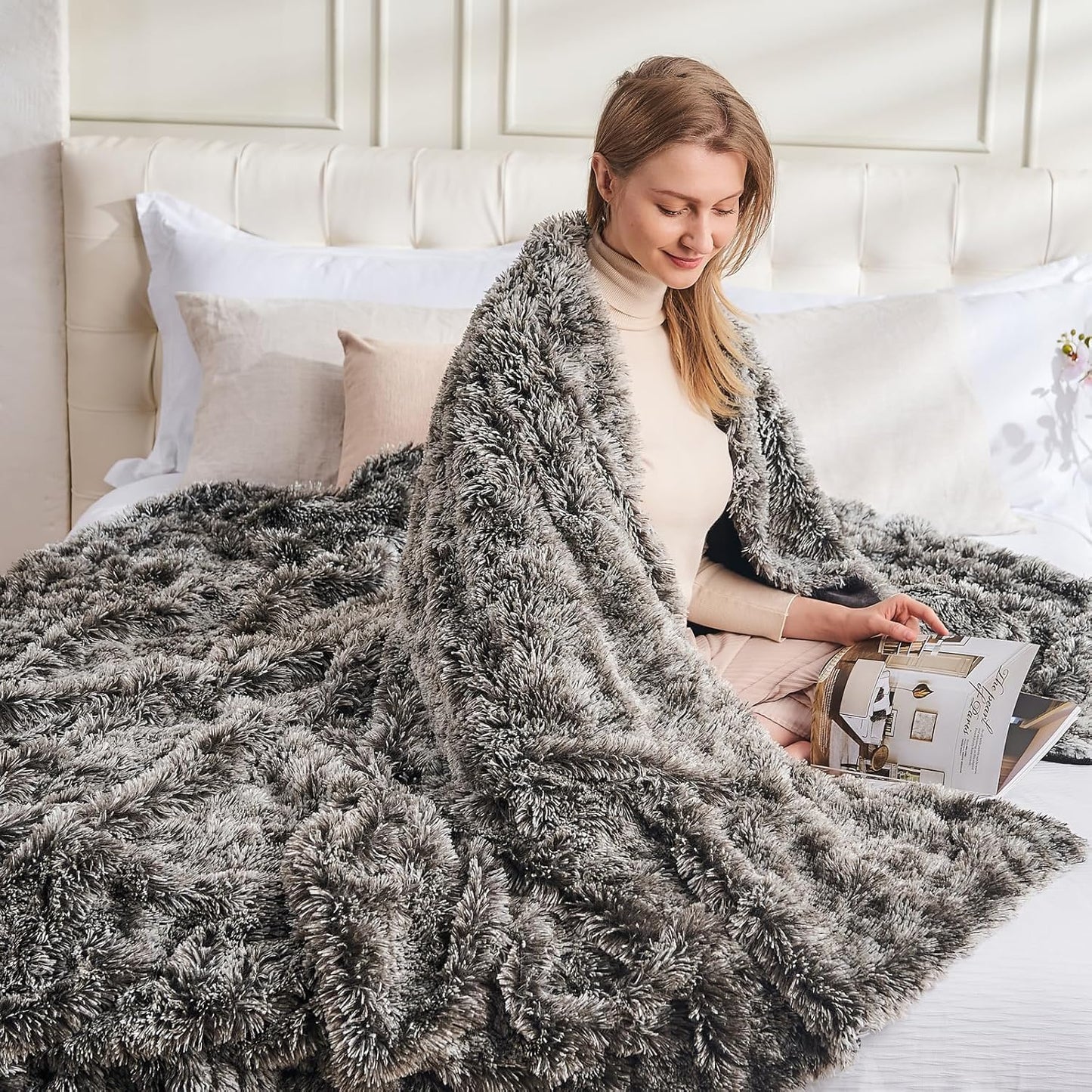 GONAAP Fuzzy Faux Fur Throw Blanket Frosty Black Super Soft Cozy Plush Fuzzy Shaggy Blanket for