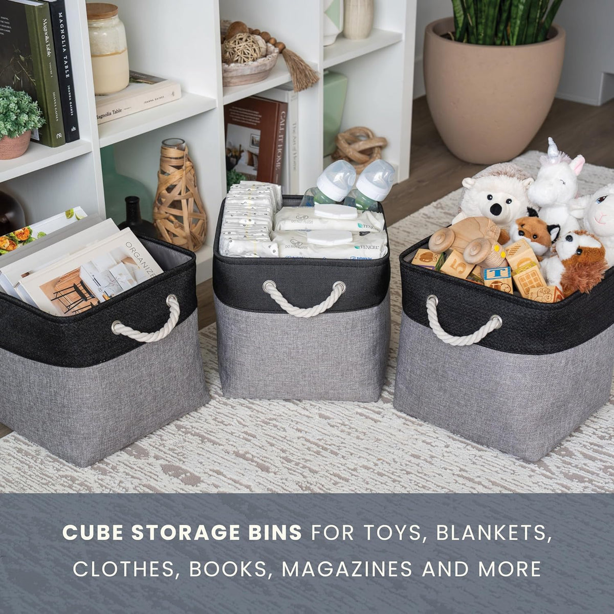 OrganiHaus 11x11 Cube Storage Bins 4 Pack, Foldable Cube Storage Organizer w/ Rope Handles