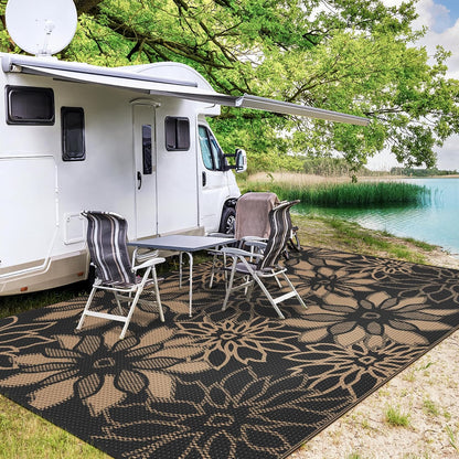 GENIMO Outdoor Rug Waterproof for Patio Decor, 9' x 12' Reversible Plastic Straw Floral Camping