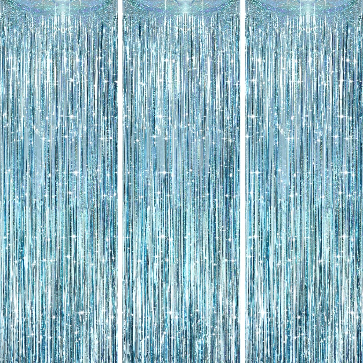 3 Pack 3.3 x 8.2 ft Laser Blue Foil Fringe Backdrop Curtains, Tinsel Streamers Party Decorations