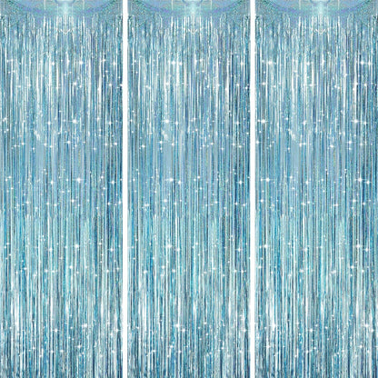 3 Pack 3.3 x 8.2 ft Laser Blue Foil Fringe Backdrop Curtains, Tinsel Streamers Party Decorations