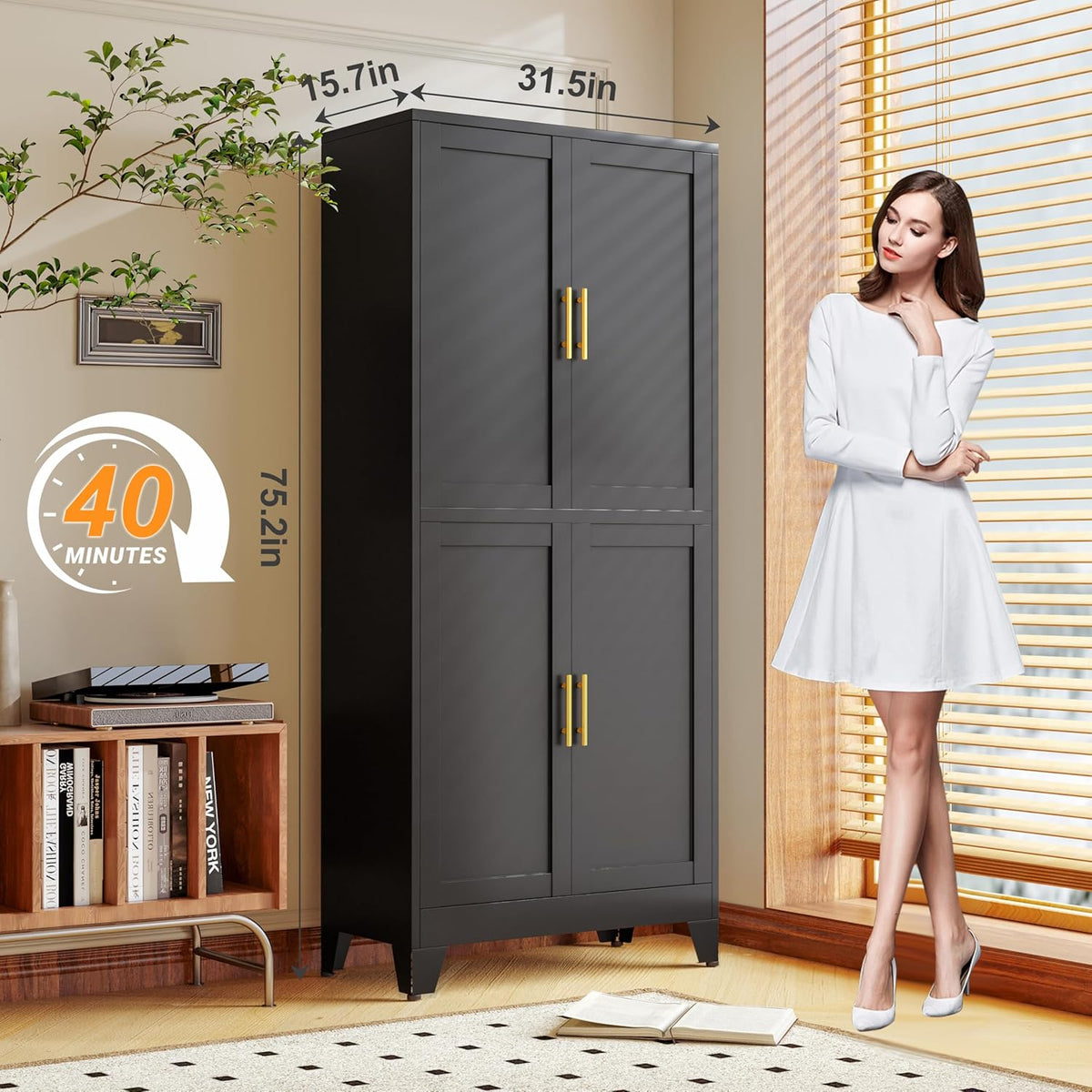 75.2" Tall Metal Pantry Cabinet, Storage Cabinets with 4 Door and 4 Adjustable Shelves, Black