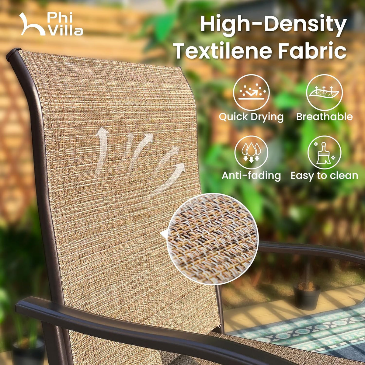 PHI VILLA 3 Piece Outdoor Bar Set, High Top Patio Table and Chairs with Brown Textilene Fabric &