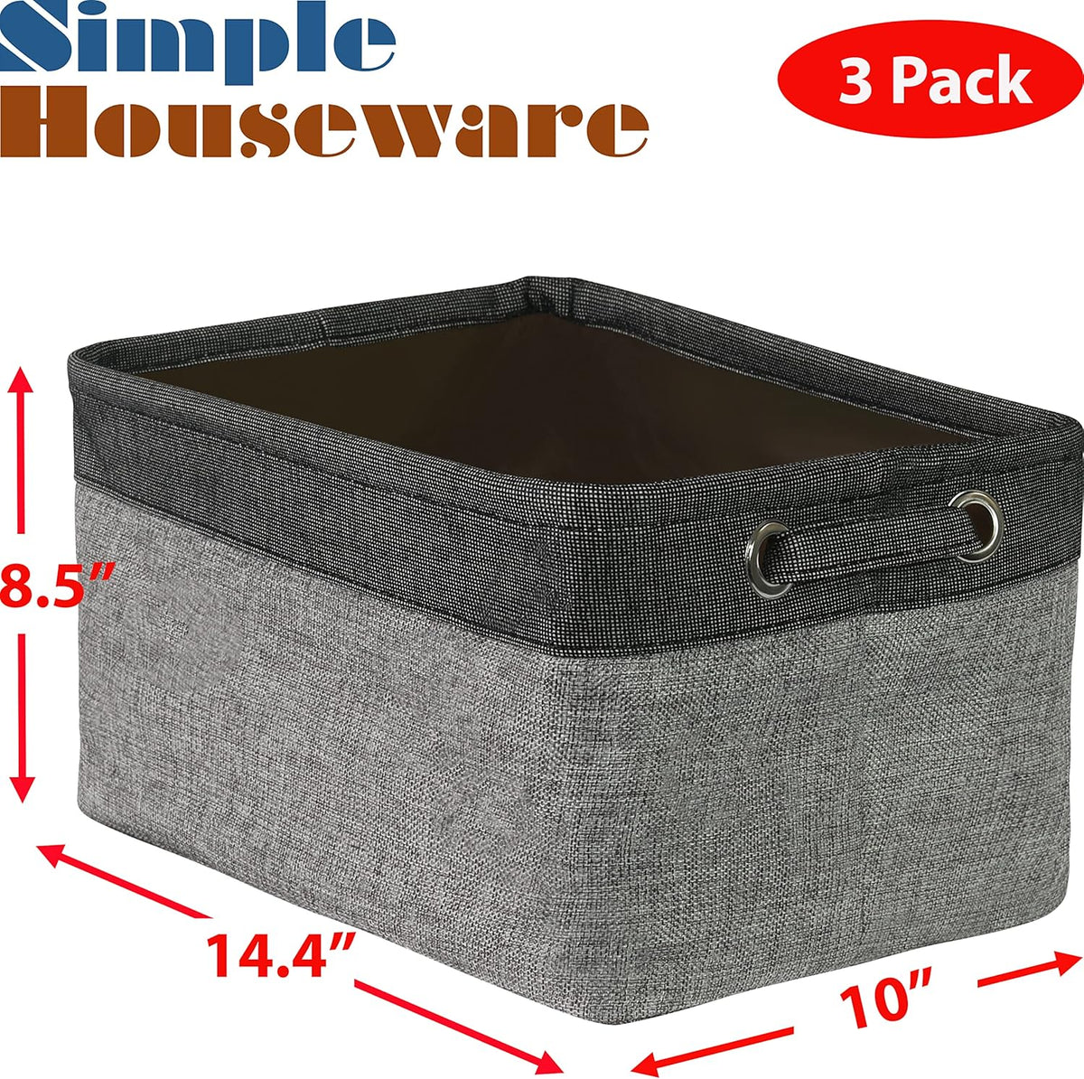 SIMPLE HOUSEWARE Large Fabric Storage Bin, 14.4" x 10" with Handles, 3-Pack, Foldable Organizer for
