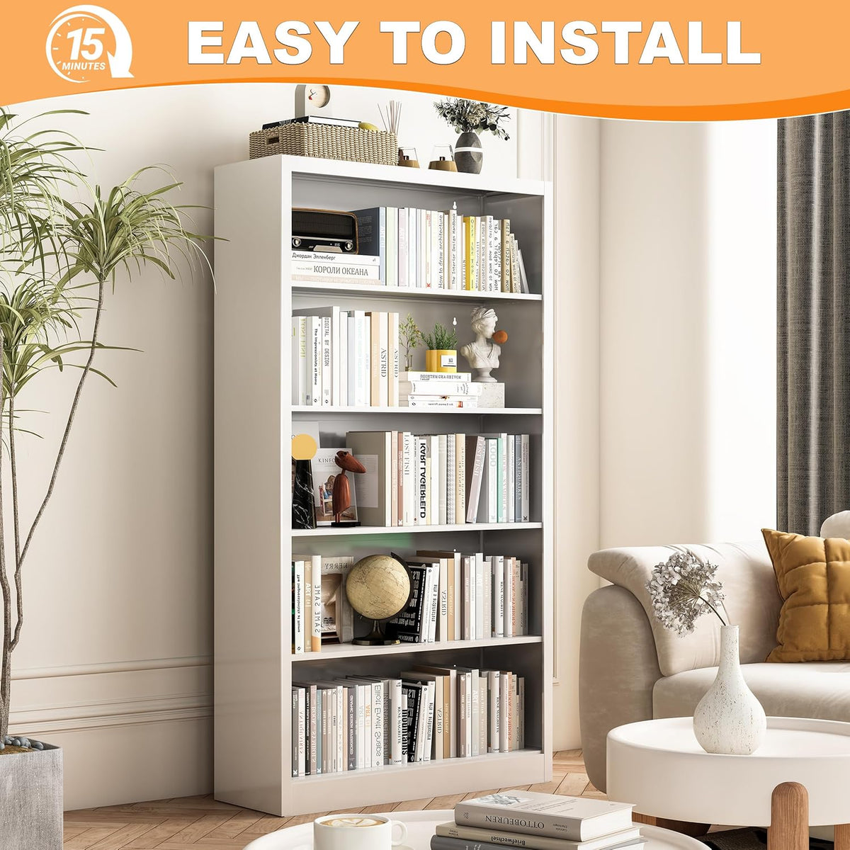 White Bookshelf, 55” Adjustable Tall Metal Bookshelf, 5-Tier Wide Bookshelf with Anti-Tilt Device