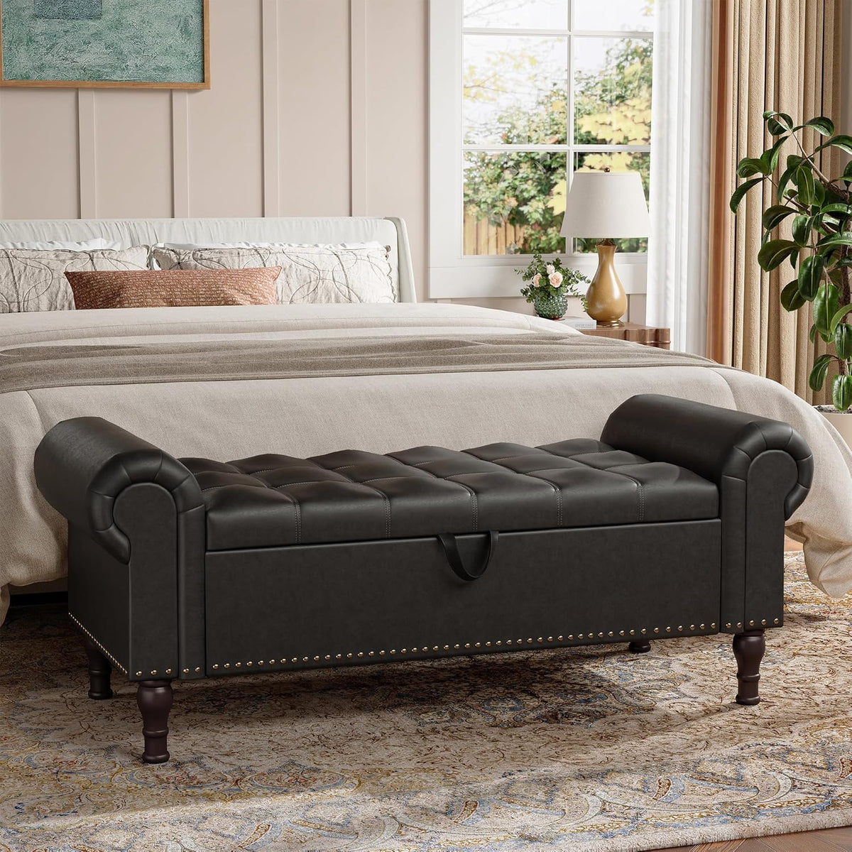 Storage Ottoman Bench for Bedroom, 51" Upholstered Bedroom Bench with Rolled Arms and Vintage