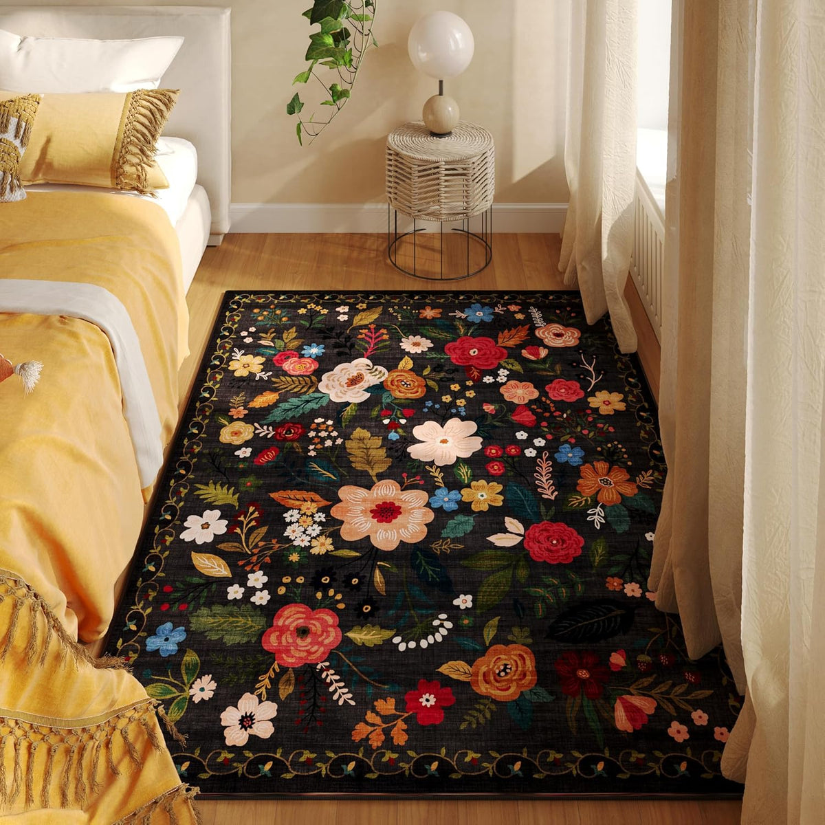 Area Rug 4x6 Rug Washable Boho Rugs Non Slip Low Pile Floral Small Carpet for Bedroom, Bedside