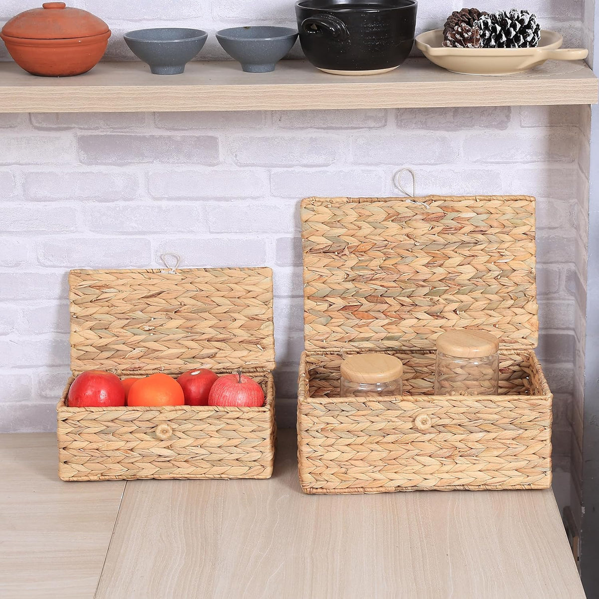 Set of 2 Rectangular Wicker Storage Bins with Lid, Rattan Basket Decorative Boxes, Multipurpose