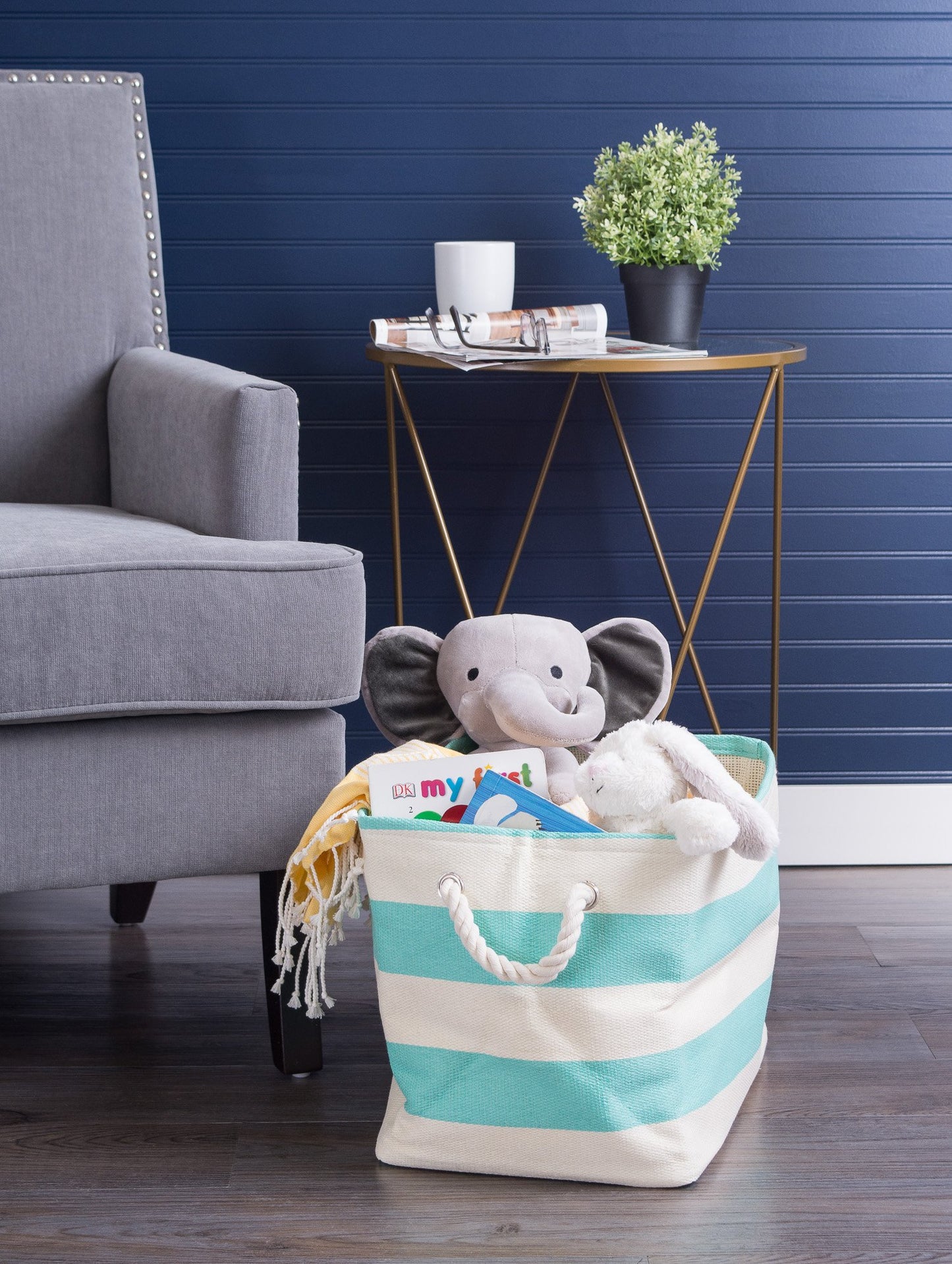 DII Durable Woven Striped Storage Bin Collapsible with Soft Rope Handles Reinforced with Metal