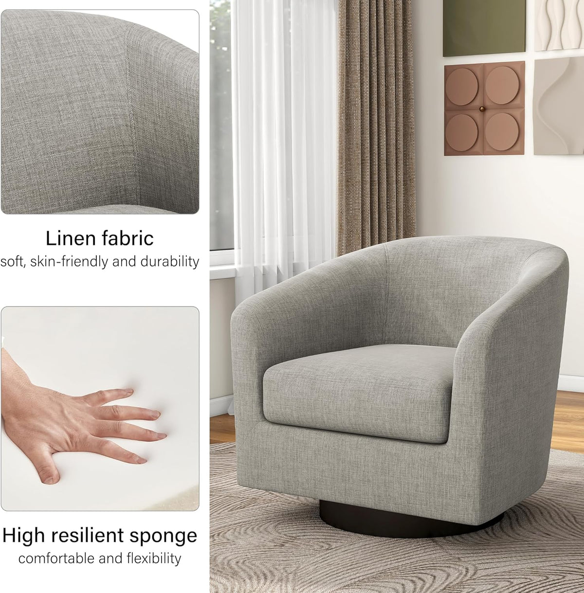 Swivel Barrel Accent Chair, Modern Round Linen Arm Chair for Living Room, Bedroom, Comfy Club