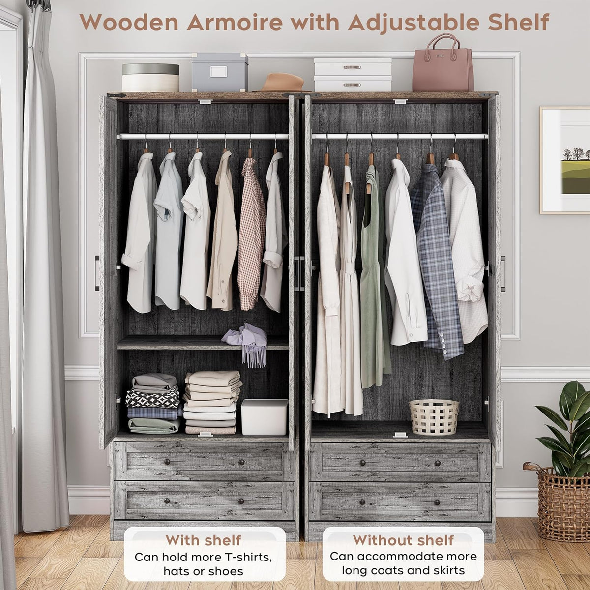 Brafab Armoire Wardrobe Closet with 2 Modern Doors, 71" Tall Freestanding Closet Wardrobe Cabinet