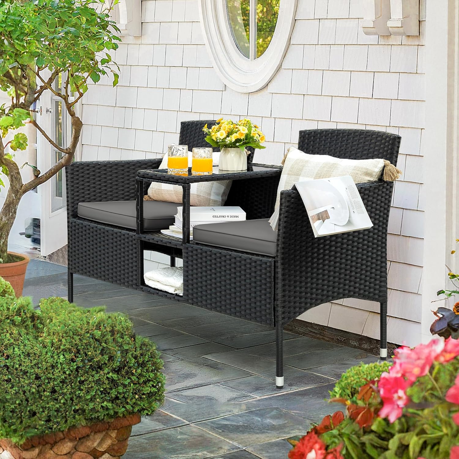 Flamaker Outdoor Furniture Patio Loveseat Wicker 2-Seat with Built-in Table and Cushions Rattan