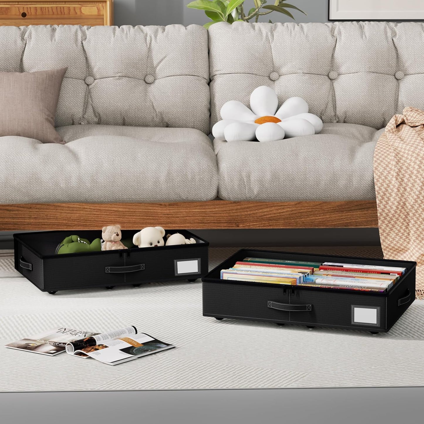 Underbed Storage With Wheels, No Assembly Required - 5.5 Inch Height Black Underbed Bins, Low