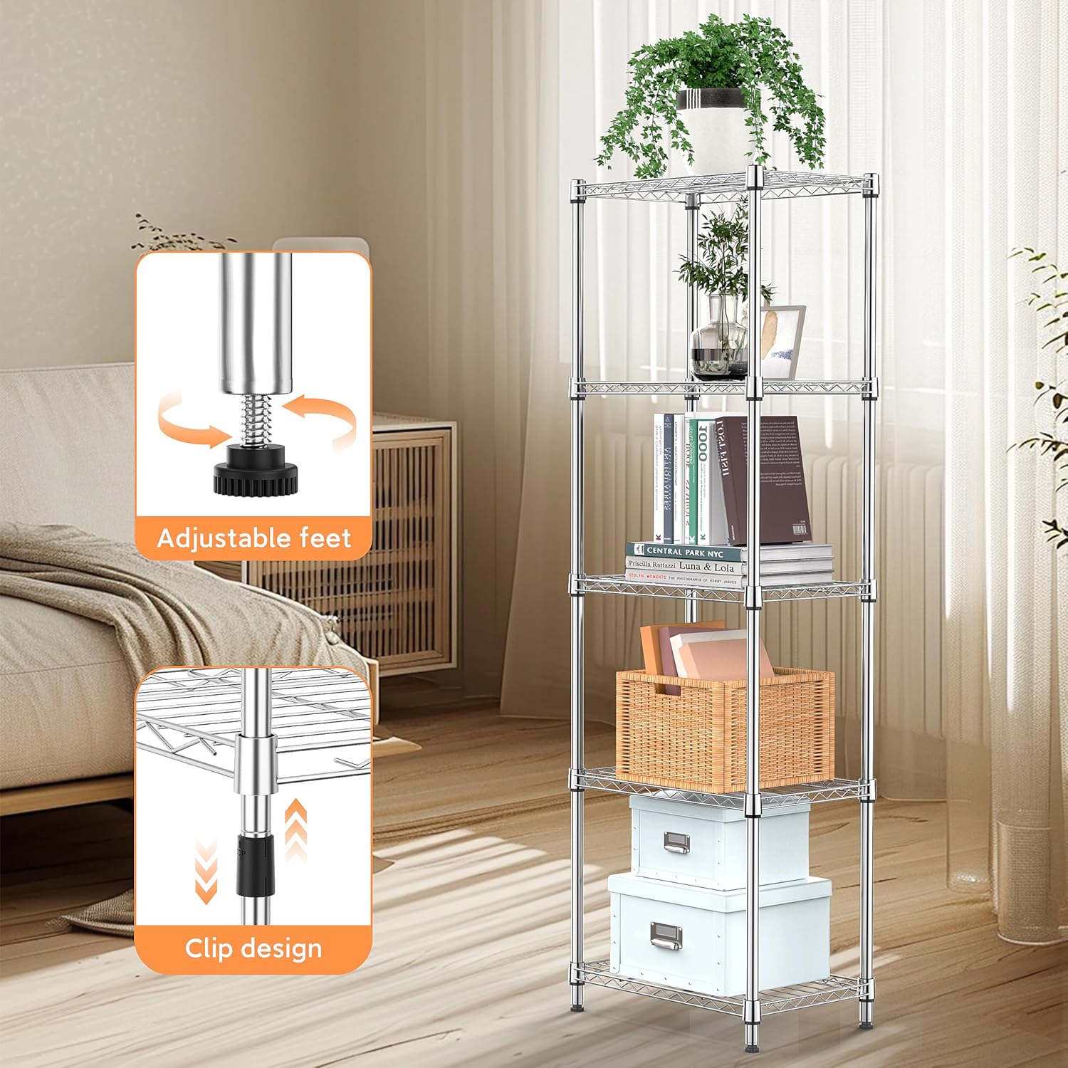 5 Tiers Shelf Metal Storage Shelves Wire Rack Closet Organizers with Wheel for Garage Kitchen