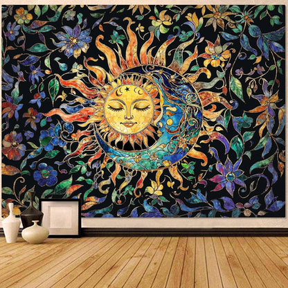 Aipon Sun and Moon Tapestry for Bedroom Boho Hippie Floral Wall Tapestry Aesthetic Vintage Stained