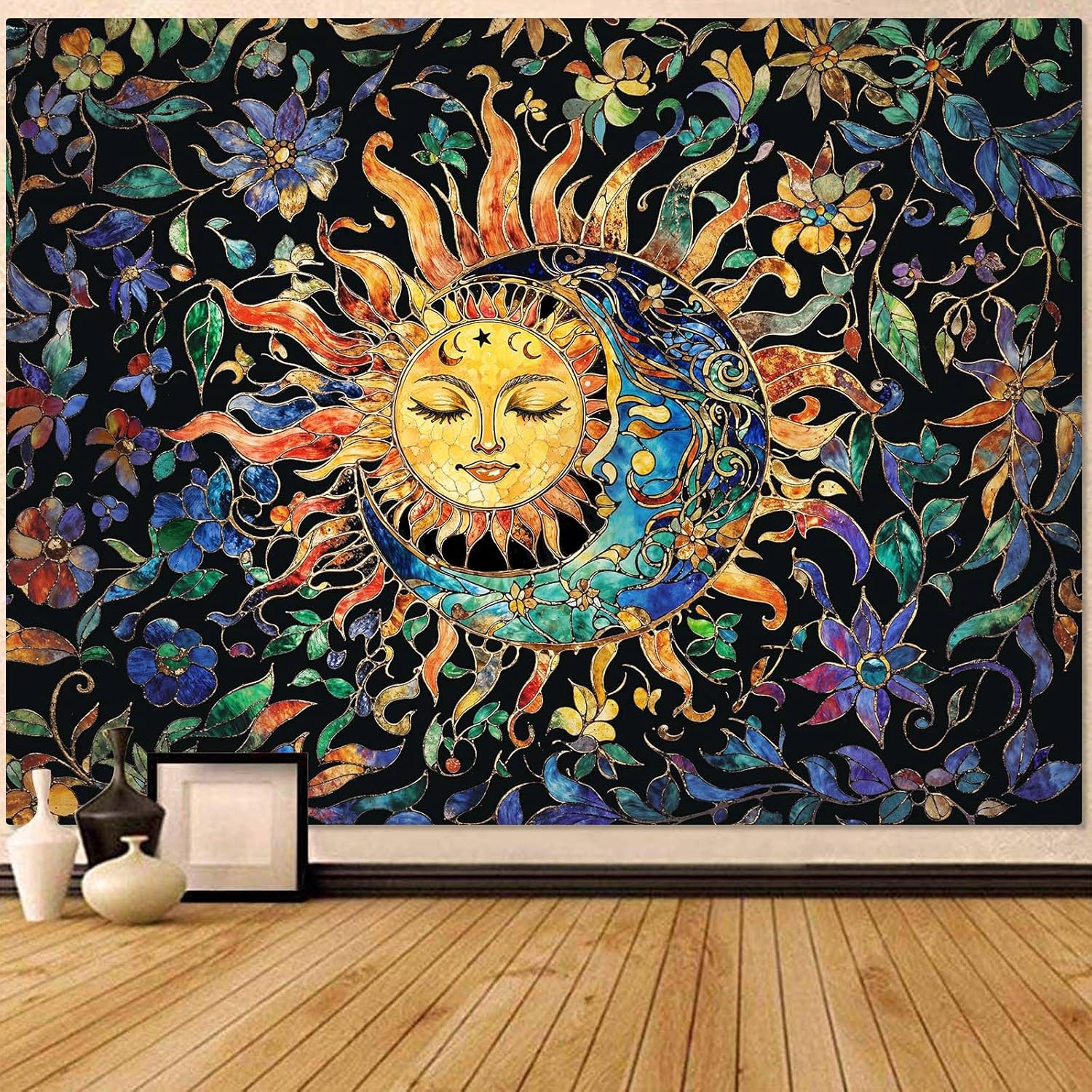 Aipon Sun and Moon Tapestry for Bedroom Boho Hippie Floral Wall Tapestry Aesthetic Vintage Stained