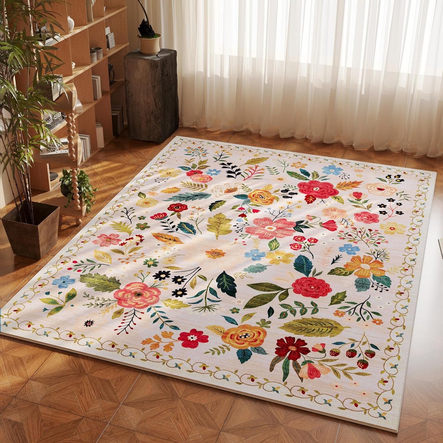 Area Rug 4x6 Rug Washable Boho Rugs Non Slip Low Pile Floral Small Carpet for Bedroom, Bedside