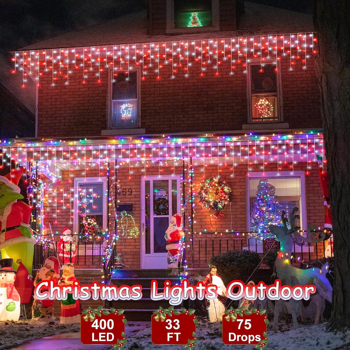 33ft Red and White Christmas Lights, 400 LED Icicle Lights for Outside, Clear Wire Connectable