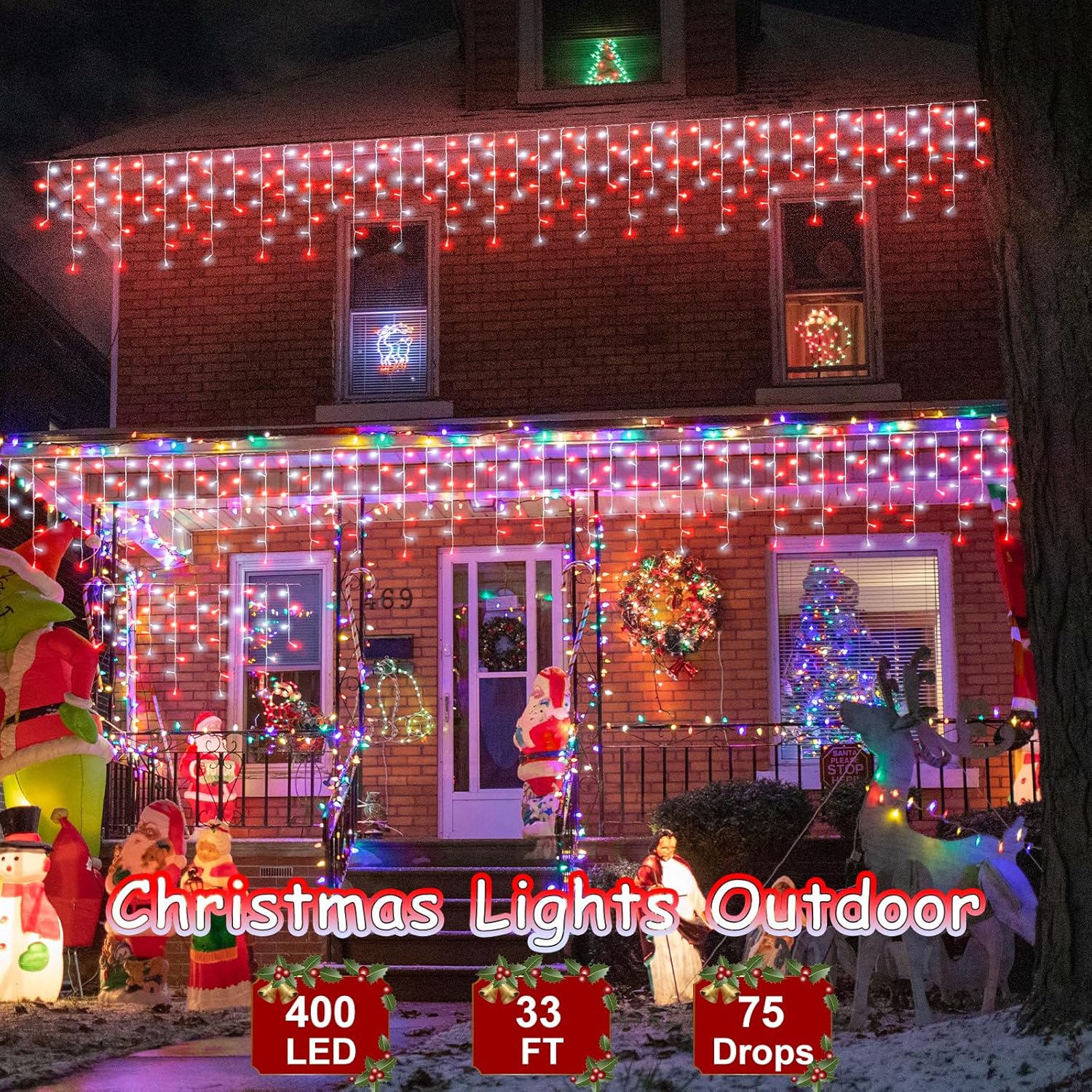 33ft Red and White Christmas Lights, 400 LED Icicle Lights for Outside, Clear Wire Connectable