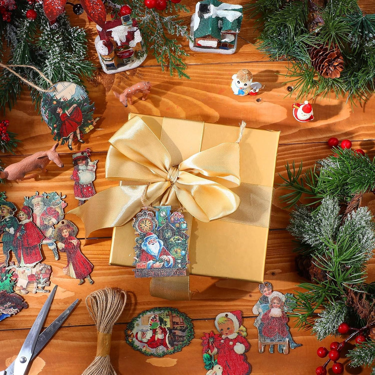 48 Pcs Vintage Wood Ornaments - Victorian Style Santa Claus, Snowman & Retro Decor for Christmas