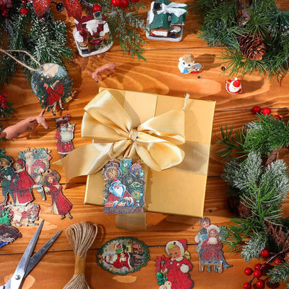 48 Pcs Vintage Wood Ornaments - Victorian Style Santa Claus, Snowman & Retro Decor for Christmas