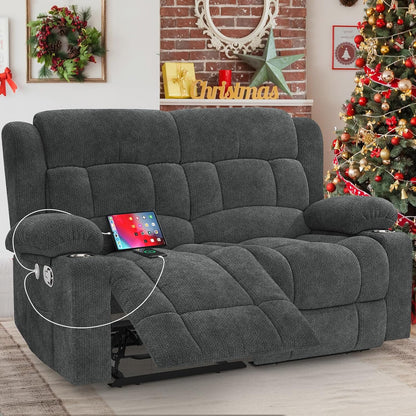 Loveseat Recliner Sofa, 2 Seater Minimalist Style Fabric Manual Pull Tab Reclining Loveseat with