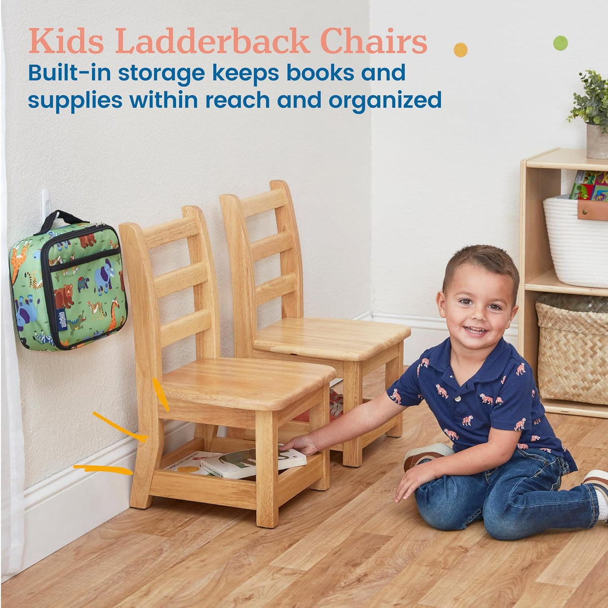 ECR4Kids Three Rung Ladderback Chair with Storage, 10in Seat Height , Classroom Seating, Honey