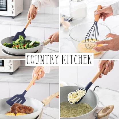 Country Kitchen Non Stick Silicone Utensil Set with Rounded Wood Handles for Cooking and Baking, 38