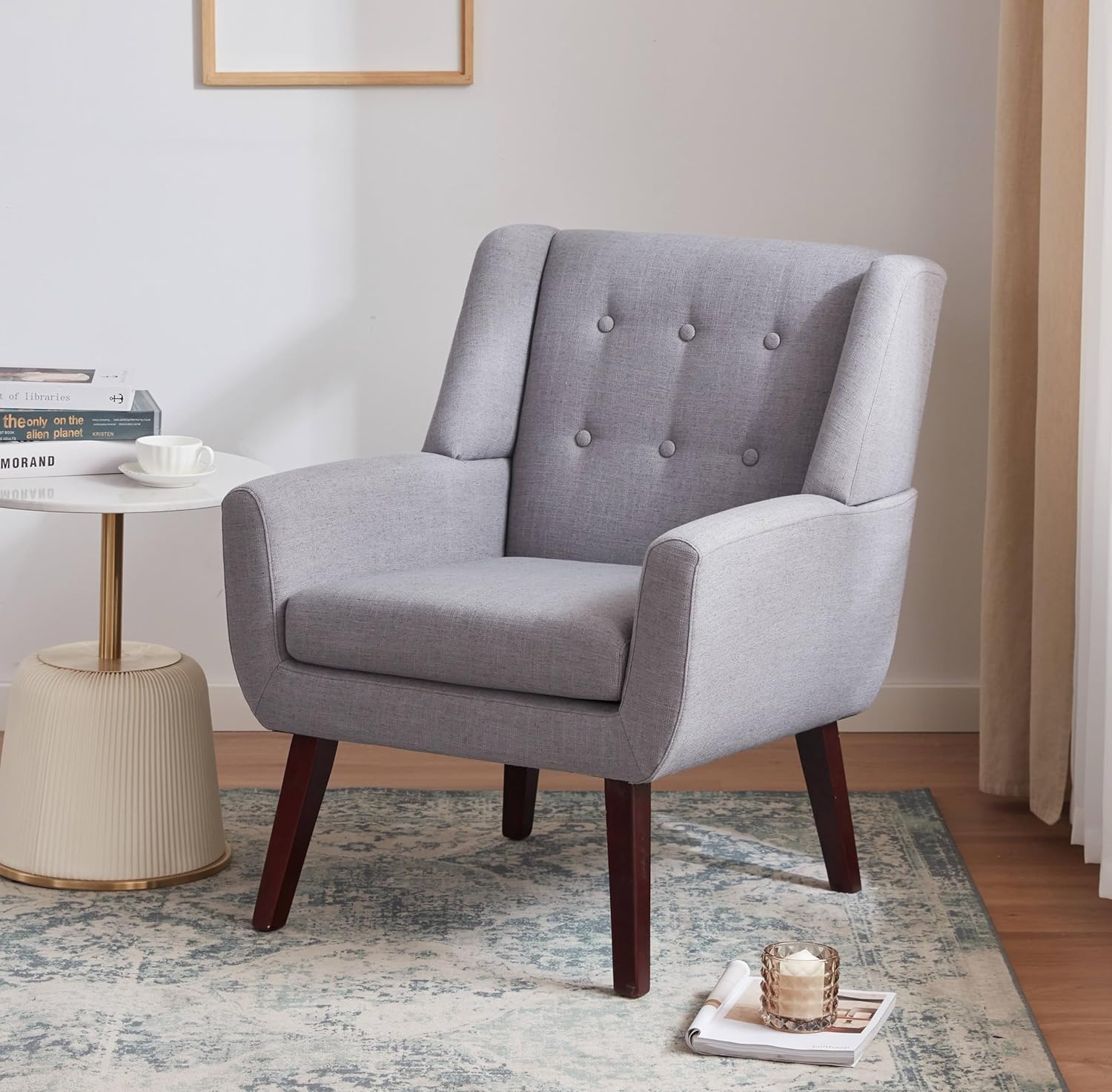 HUIMO Accent Chair Living Room Chair, Upholstered Button Tufted Armchair, Linen Fabric Sofa Chairs