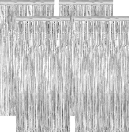 4 Pack Party Decorations, Metallic Silver Backdrop, Photo Booth Props Silver Curtains Tinsel
