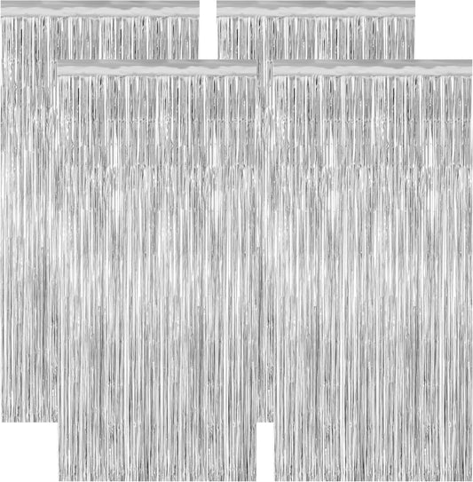 4 Pack Party Decorations, Metallic Silver Backdrop, Photo Booth Props Silver Curtains Tinsel