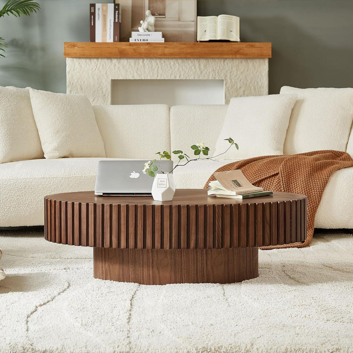 Oval Coffee Table for Living Room, Modern Fluted Coffee Tables with Pedestal Base, Handcrafted