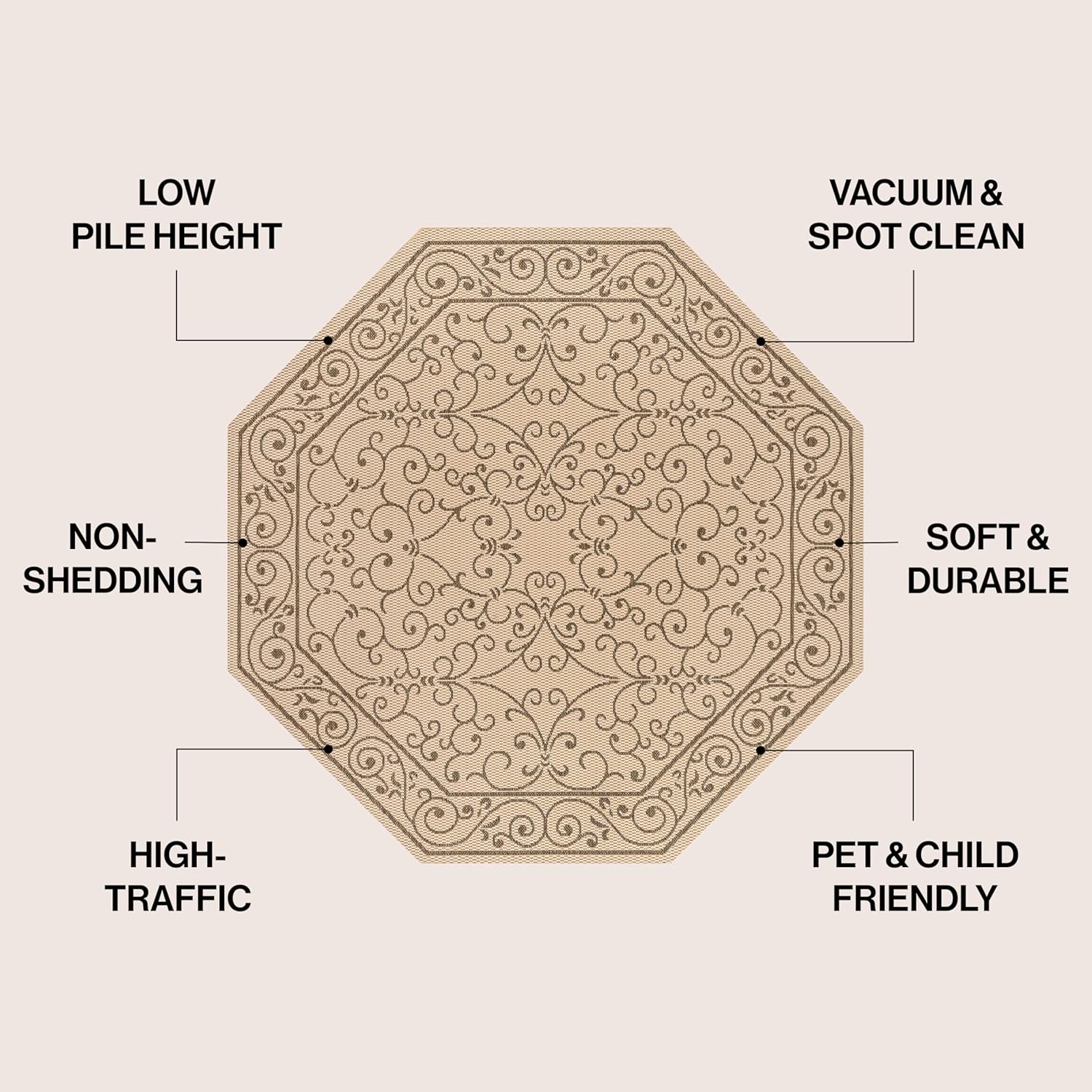 JONATHAN Y Vintage Filigree Indoor Outdoor Octagon Area Rug 5 Ft Beige/Brown, Charleston Textured