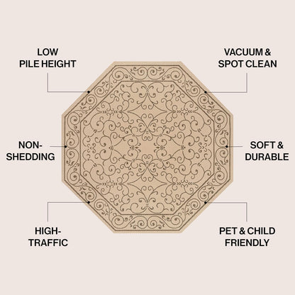 JONATHAN Y Vintage Filigree Indoor Outdoor Octagon Area Rug 5 Ft Beige/Brown, Charleston Textured