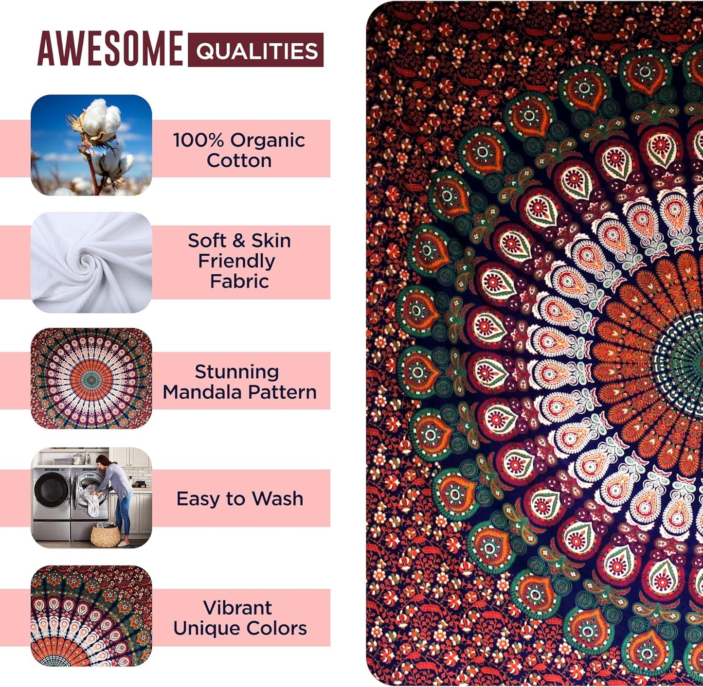 Raajsee Mandala Tapestry Wall Hanging – Blue Orange, 100% Cotton, Boho Hippie Decor, Twin Size