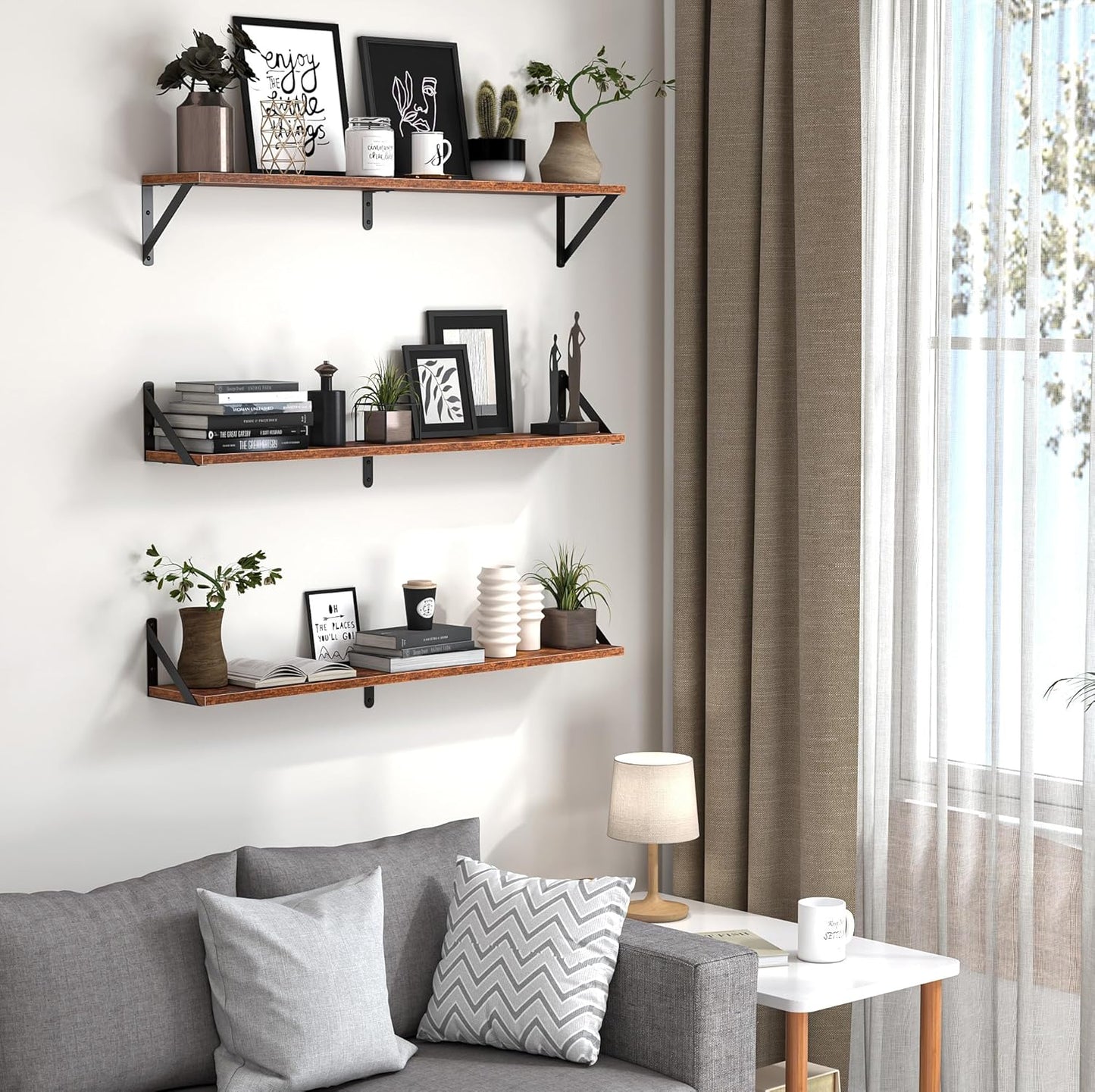 Heimlove Floating Shelves for Wall, 36 Inch Long Wood Floating Bookshelf Set of 3, Wall Mounted