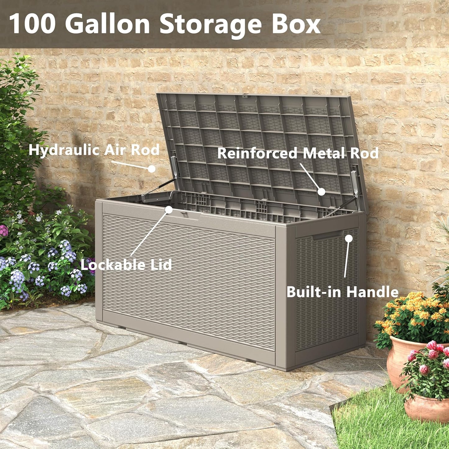 KAMABOKO 101 Gallon Waterproof Large Resin Deck Box, Lockable Large Outdoor Storage Boxes Indoor