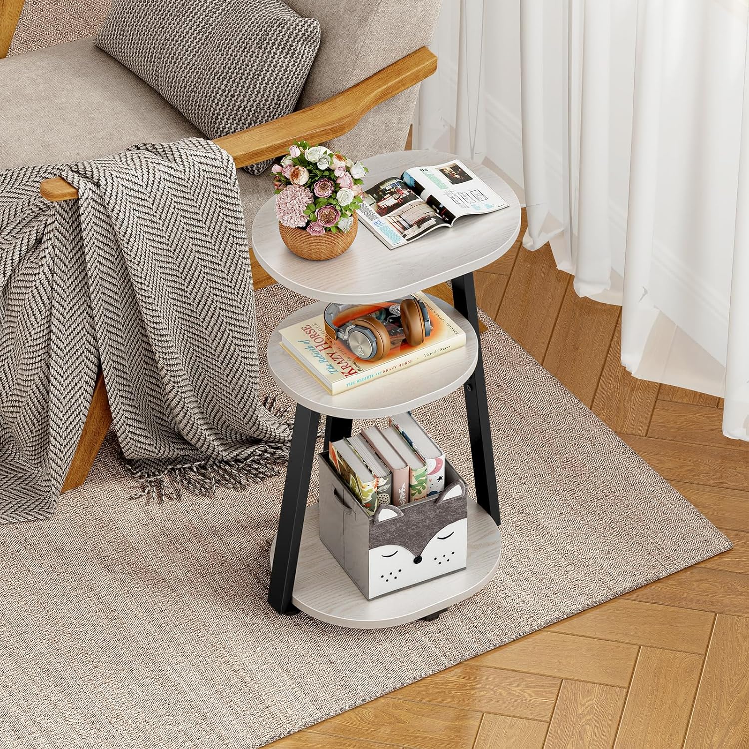 Side Table, Small End Table with Metal Frame, 3-Tier Bedside Tables, Round Side Tables for Living