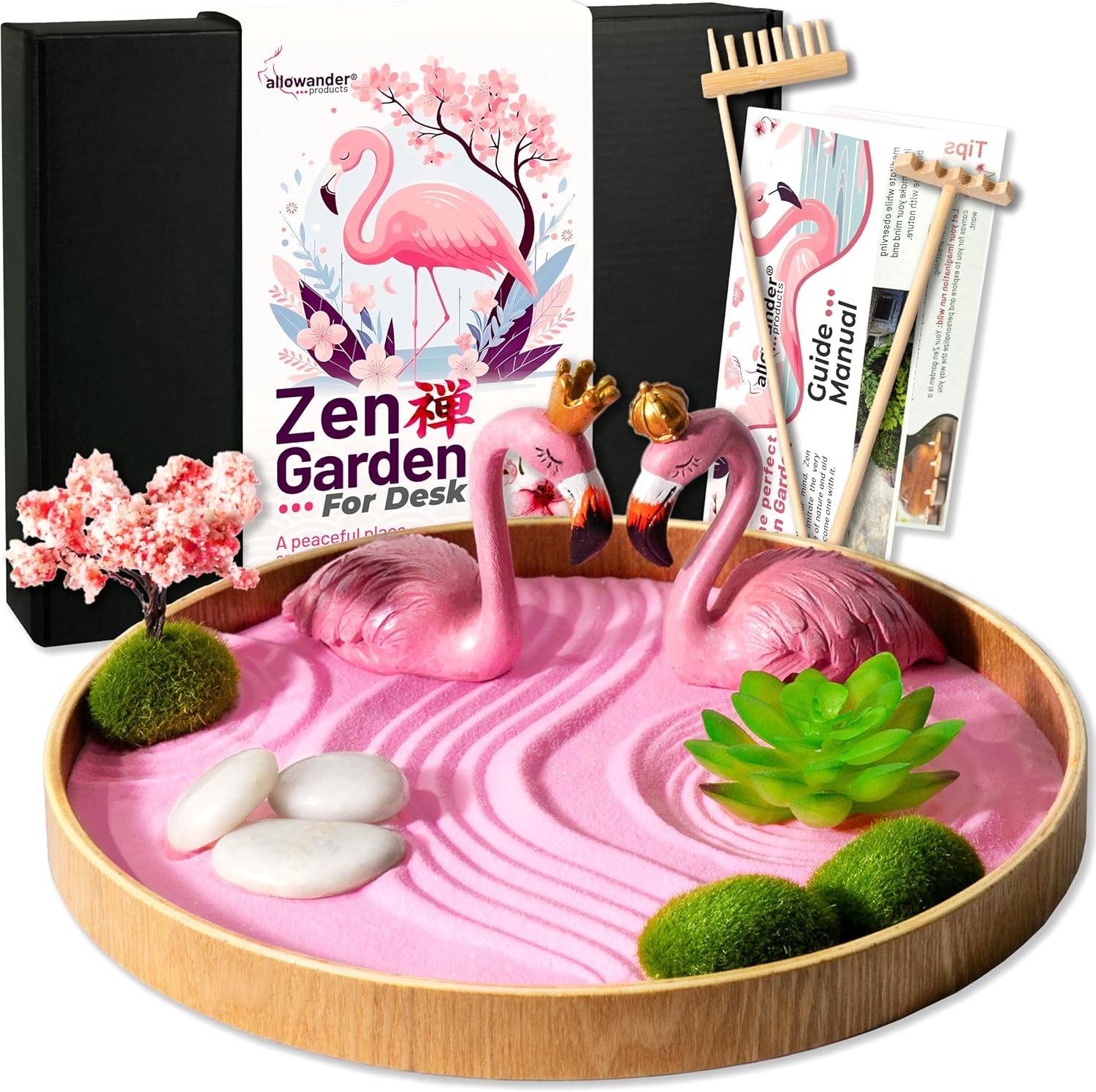 Flamingo Zen Garden Kit for Desk, Cute Japanese Flamingos Gifts for Women, Mini Zen Garden Sand