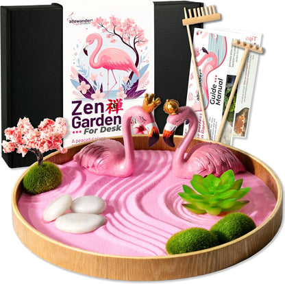 Flamingo Zen Garden Kit for Desk, Cute Japanese Flamingos Gifts for Women, Mini Zen Garden Sand