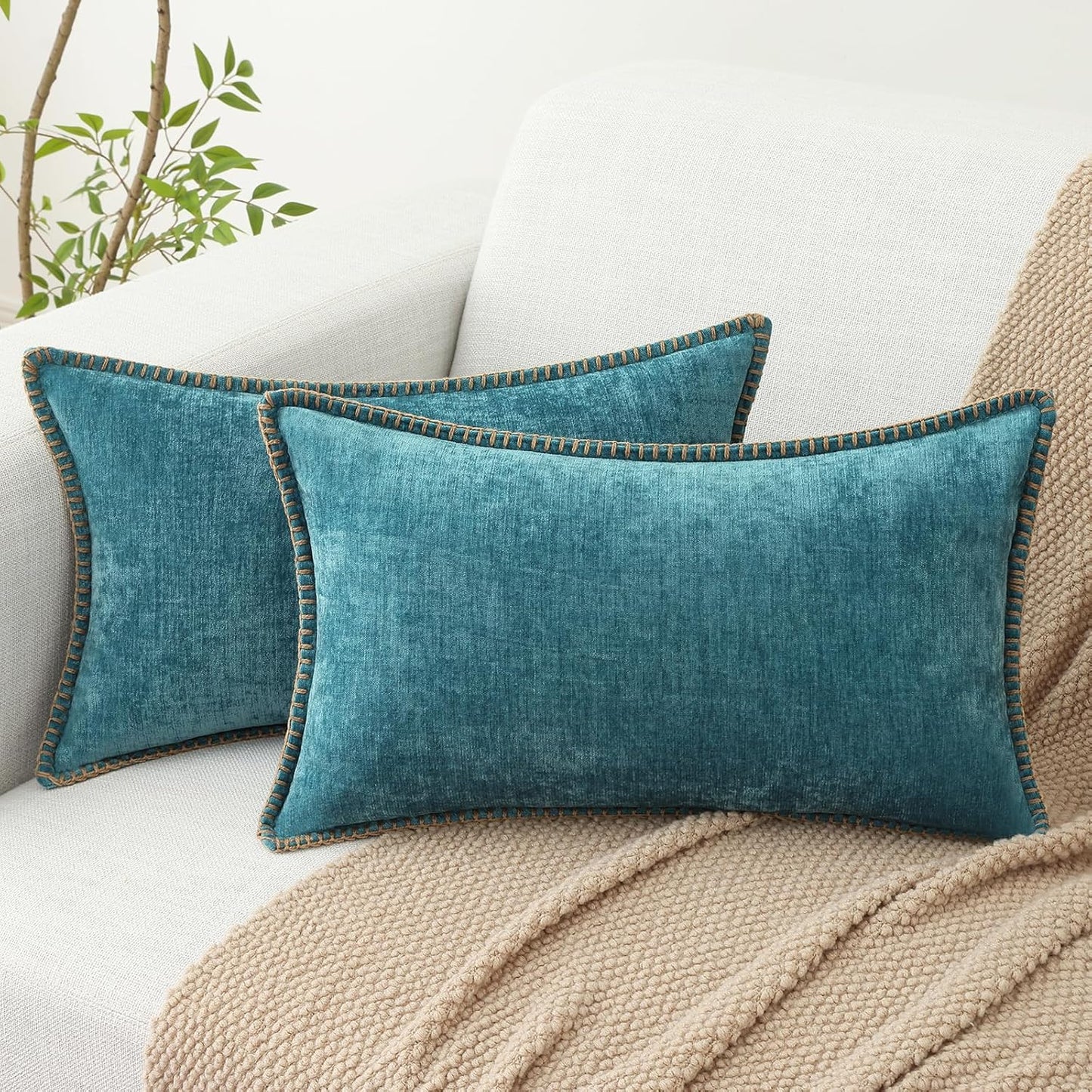 decorUhome Chenille Soft Throw Pillow Covers 12x20 Set of 2, Lumbar Velvet Farmhouse Neutral