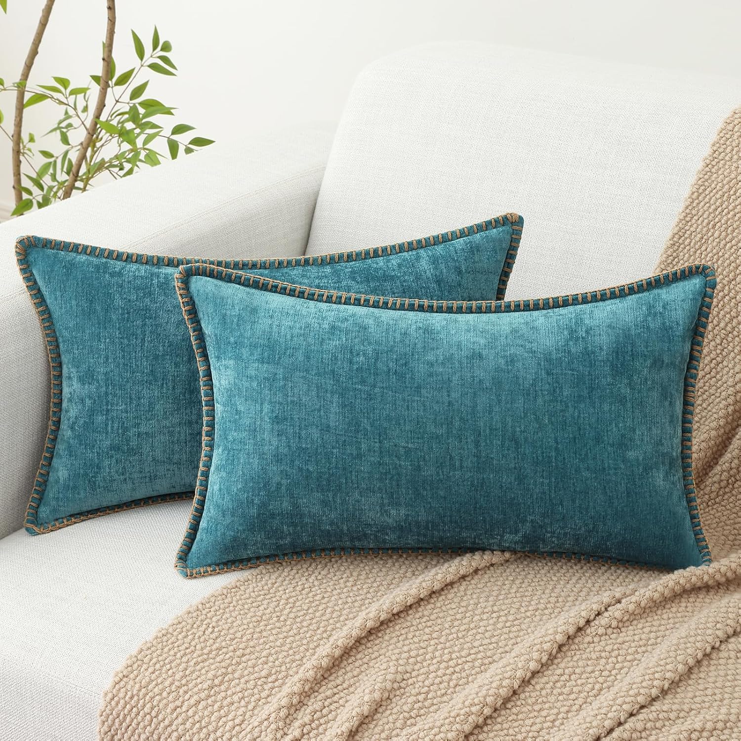 decorUhome Chenille Soft Throw Pillow Covers 12x20 Set of 2, Lumbar Velvet Farmhouse Neutral